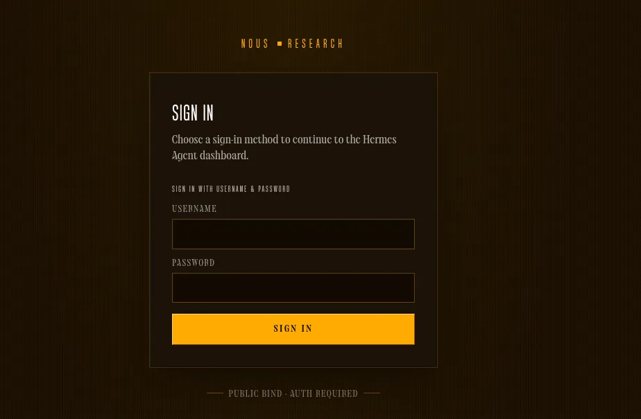 Страница входа в дашборд Hermes Agent: форма username и password с пометкой Public bind, auth required